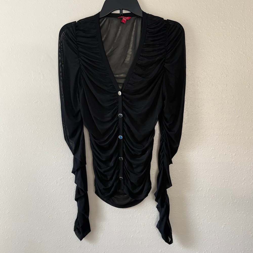 Guess Los Angeles Ruched Sheer Mesh Cardigan Black Long Sleeve V-Neck Top Large